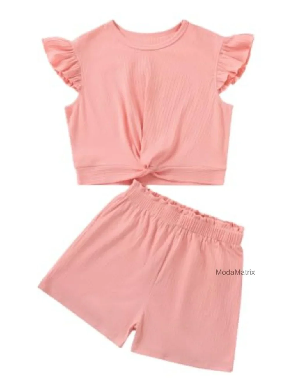 Girls 2 Piece Outfit Summer Ruffle Sleeve Top High Waisted Striped Shorts Set